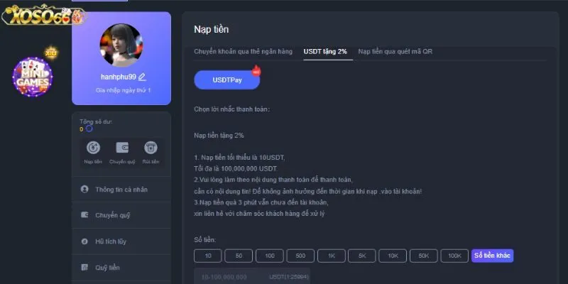 Nạp tiền Xoso66 qua phương thức tiền ảo (USDT)