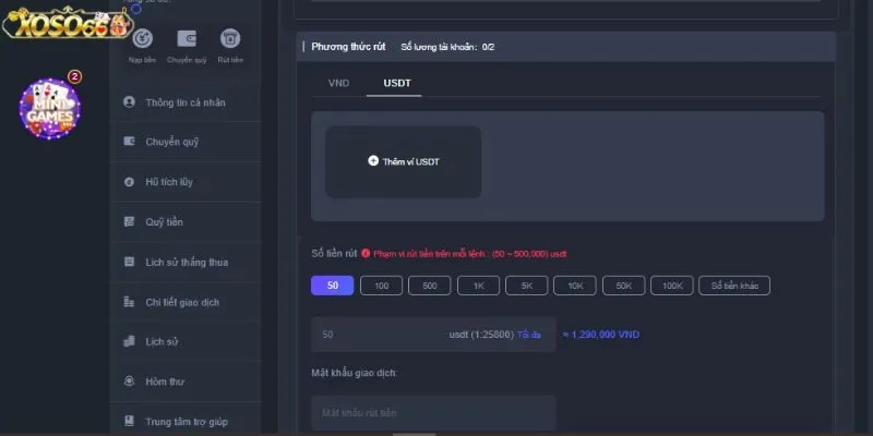 Rút tiền về tài khoản qua ví tiền ảo (USDT)